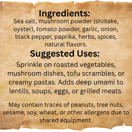 Text on a brown paper background listing ingredients and suggested uses for a seasoning mix.