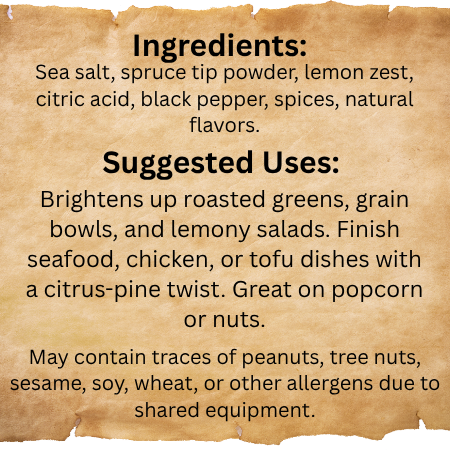 Text on a rustic paper background describing ingredients and uses of a seasoning mix.