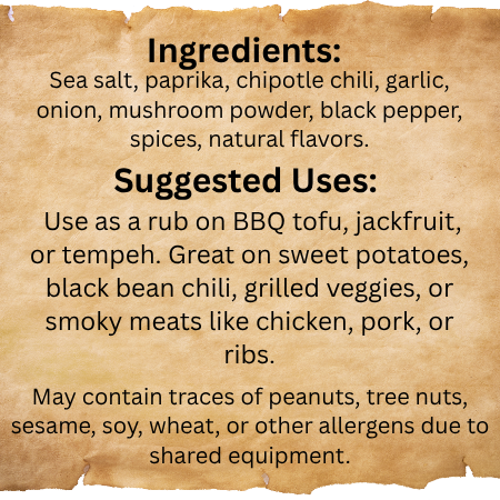 Text on a rustic paper background detailing ingredients and suggested uses of a seasoning mix.